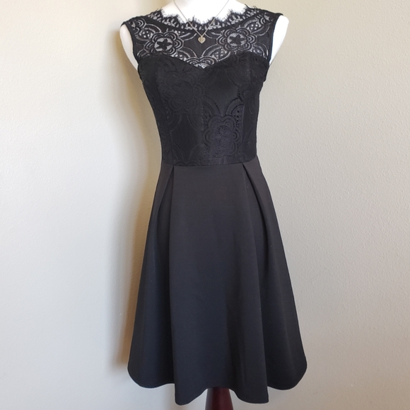 Francesca's Black Skater Dress with Lace Neckline - Picture 2 of 13